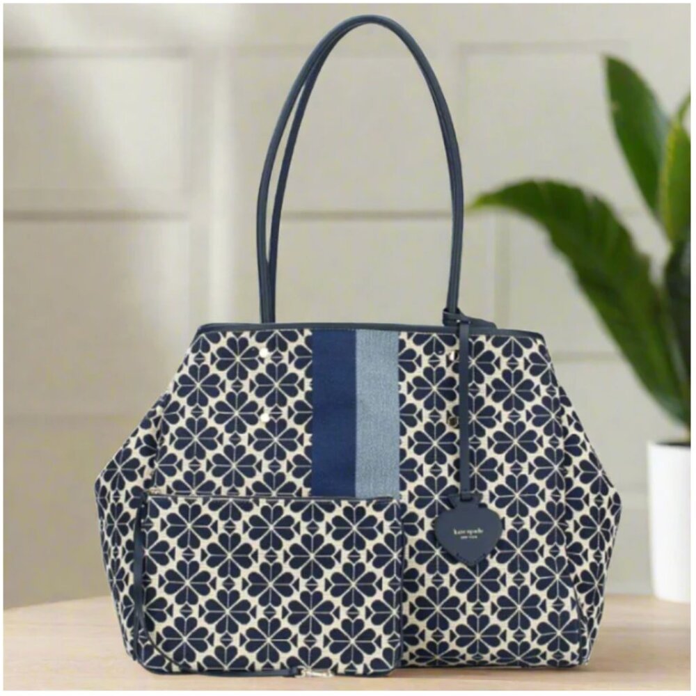 Kate Spade Jacquard Large Tote Blue Floral Stripe w Wristlet